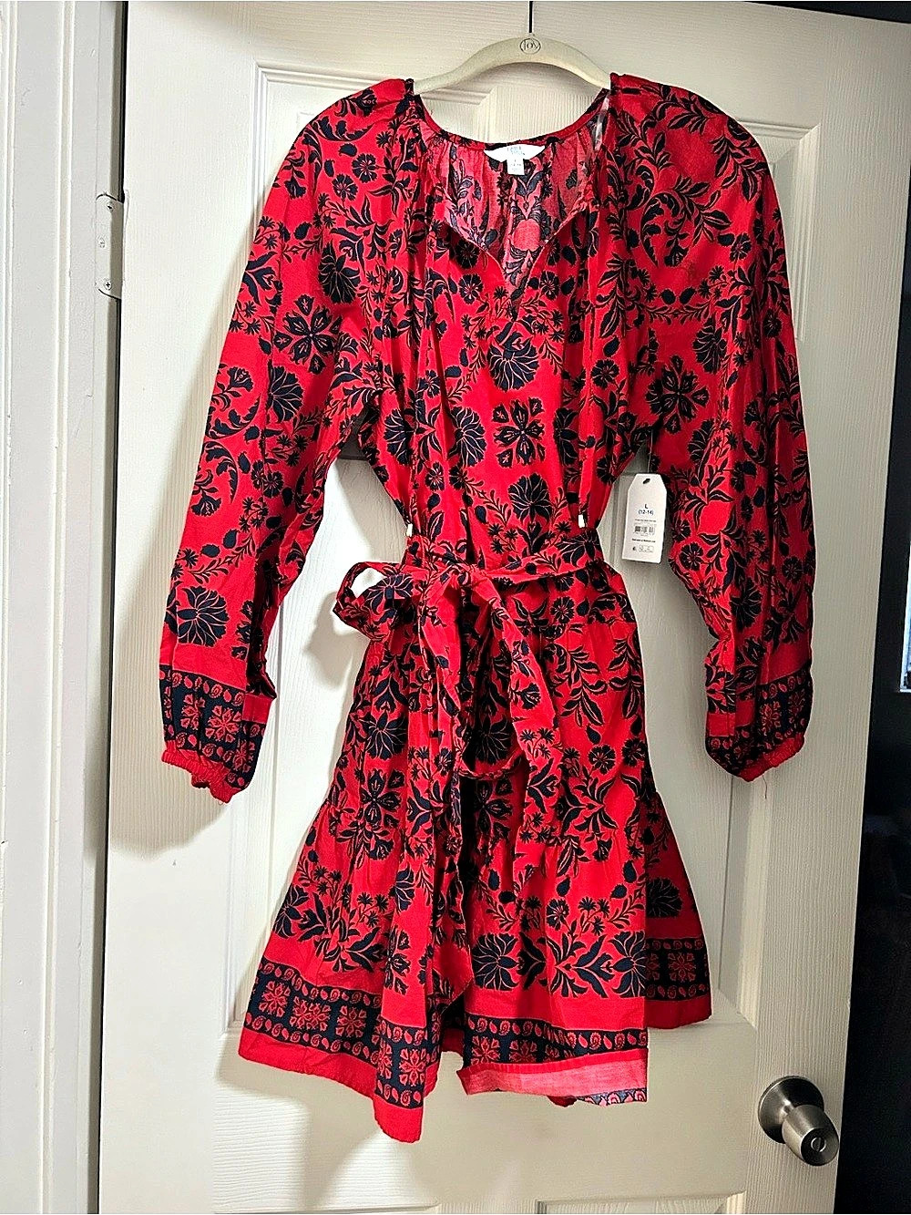 Time and Tru Border Print Linen-Blend Dress Womens Floral Red & Black Large